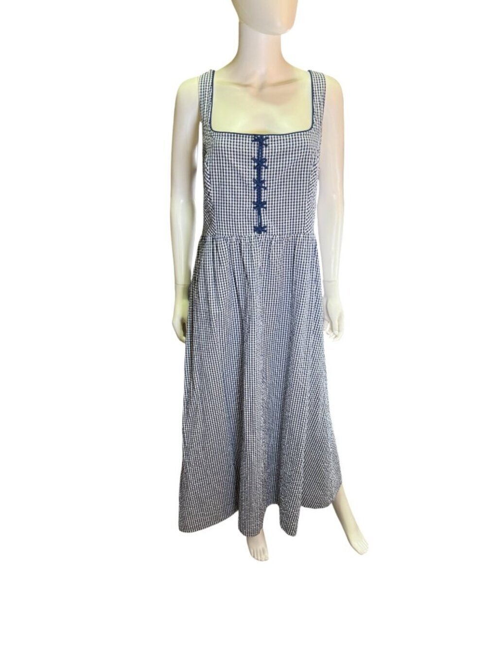 Caroline Constas Womens Navy & White Gingham Maxi Dress Smocking L Cotton EUC